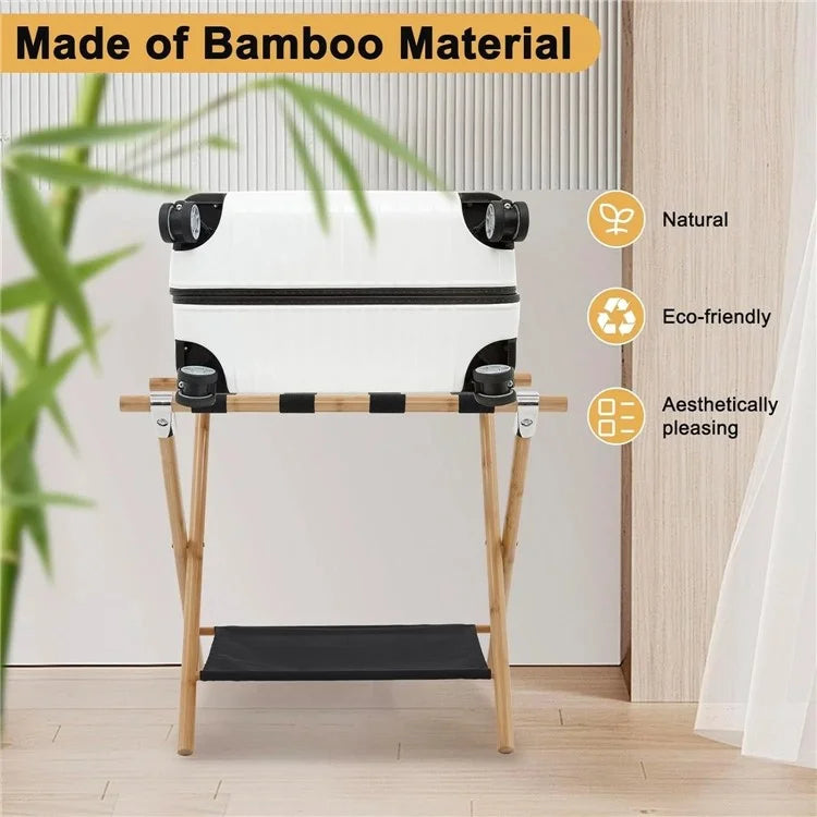 Portable Travel Hotel Luggage Rack Bamboo Foldable Double Layer Storage Rack