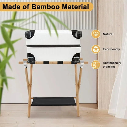 Portable Travel Hotel Luggage Rack Bamboo Foldable Double Layer Storage Rack
