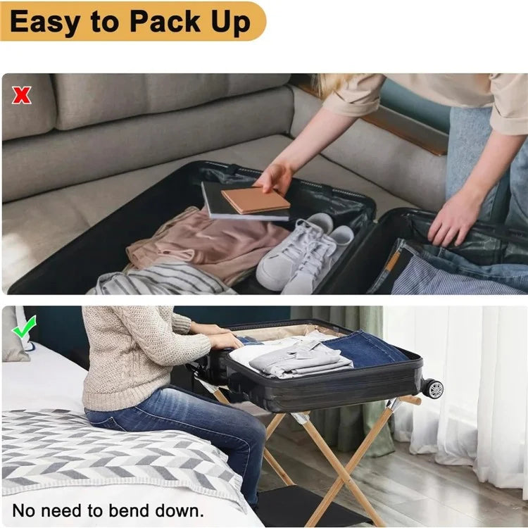 Portable Travel Hotel Luggage Rack Bamboo Foldable Double Layer Storage Rack