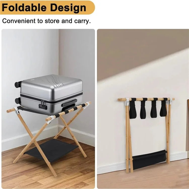 Portable Travel Hotel Luggage Rack Bamboo Foldable Double Layer Storage Rack