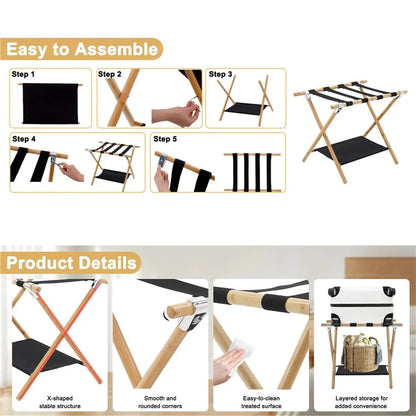 Portable Travel Hotel Luggage Rack Bamboo Foldable Double Layer Storage Rack