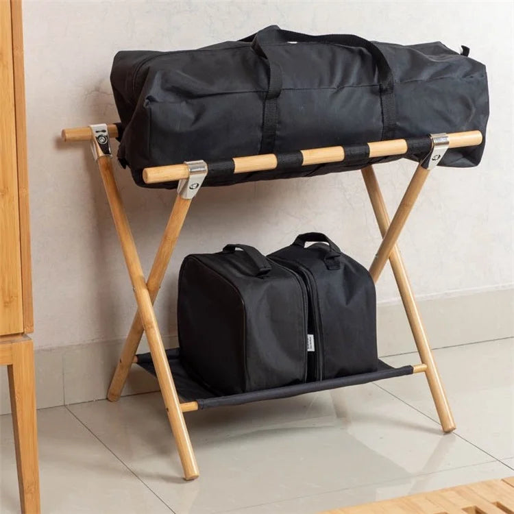 Portable Travel Hotel Luggage Rack Bamboo Foldable Double Layer Storage Rack