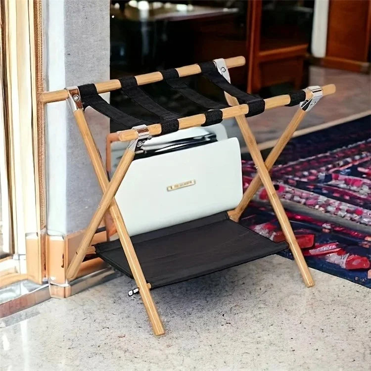 Portable Travel Hotel Luggage Rack Bamboo Foldable Double Layer Storage Rack