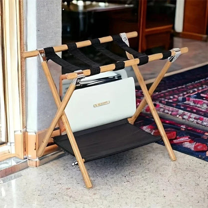 Portable Travel Hotel Luggage Rack Bamboo Foldable Double Layer Storage Rack