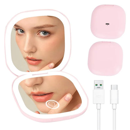 1X / 5X Magnification LED Lighted Travel Pocket Mirror Rechargeable Double-Sided Makeup Mirror