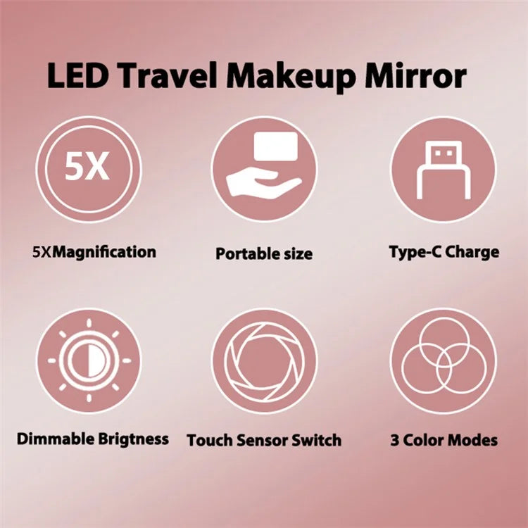 1X / 5X Magnification LED Lighted Travel Pocket Mirror Rechargeable Double-Sided Makeup Mirror