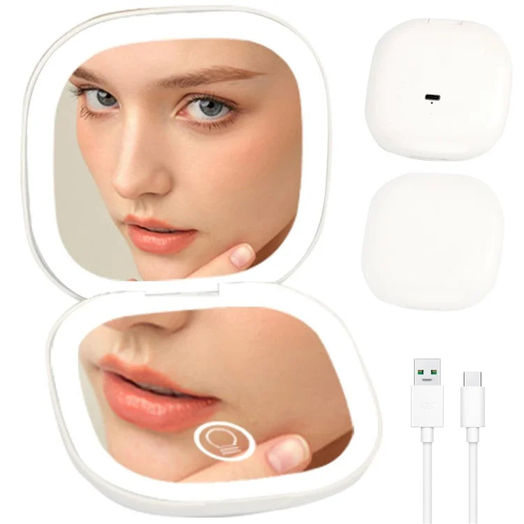 1X / 5X Magnification LED Lighted Travel Pocket Mirror Rechargeable Double-Sided Makeup Mirror