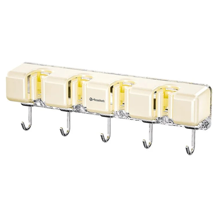 MRBASKET Punch Free Plastic Wall Mounted Mop Holder 4 Slots Broom Organizer with 5 Hooks
