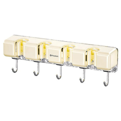 MRBASKET Punch Free Plastic Wall Mounted Mop Holder 4 Slots Broom Organizer with 5 Hooks