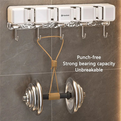MRBASKET Punch Free Plastic Wall Mounted Mop Holder 4 Slots Broom Organizer with 5 Hooks