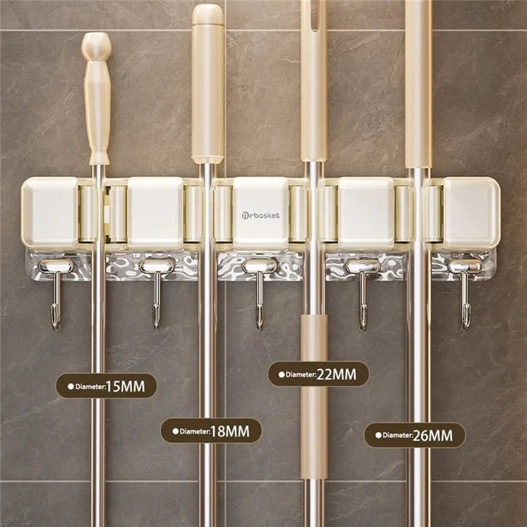 MRBASKET Punch Free Plastic Wall Mounted Mop Holder 4 Slots Broom Organizer with 5 Hooks