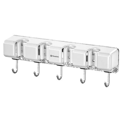 MRBASKET Punch Free Plastic Wall Mounted Mop Holder 4 Slots Broom Organizer with 5 Hooks