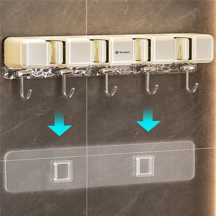 MRBASKET Punch Free Plastic Wall Mounted Mop Holder 4 Slots Broom Organizer with 5 Hooks