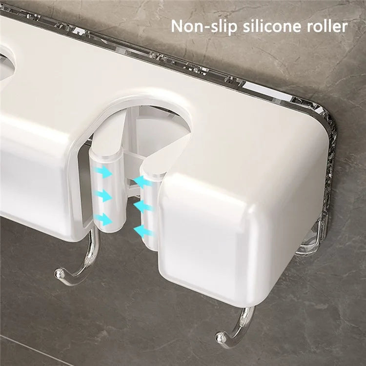 MRBASKET Punch Free Plastic Wall Mounted Mop Holder 4 Slots Broom Organizer with 5 Hooks