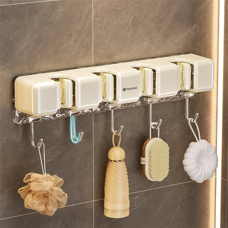 MRBASKET Punch Free Plastic Wall Mounted Mop Holder 4 Slots Broom Organizer with 5 Hooks