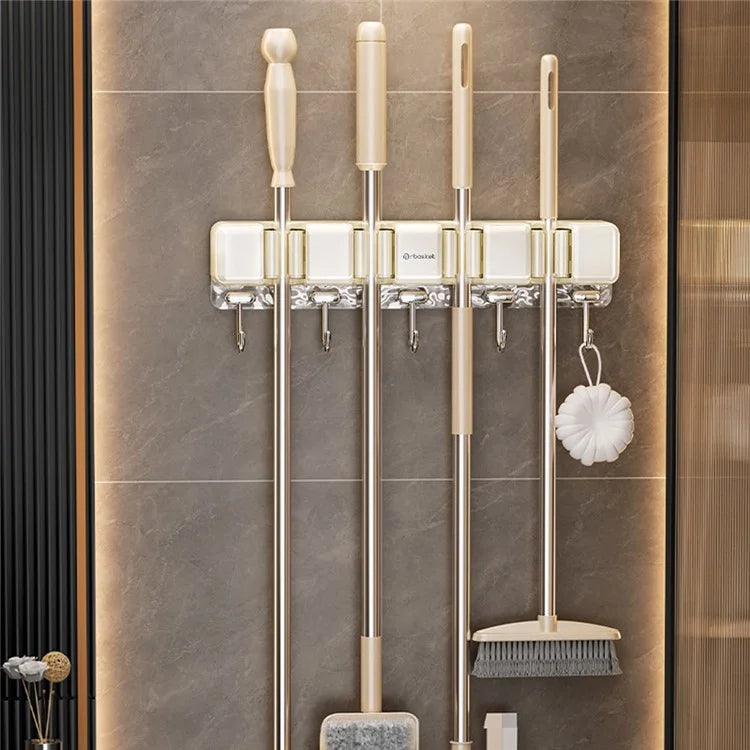 MRBASKET Punch Free Plastic Wall Mounted Mop Holder 4 Slots Broom Organizer with 5 Hooks