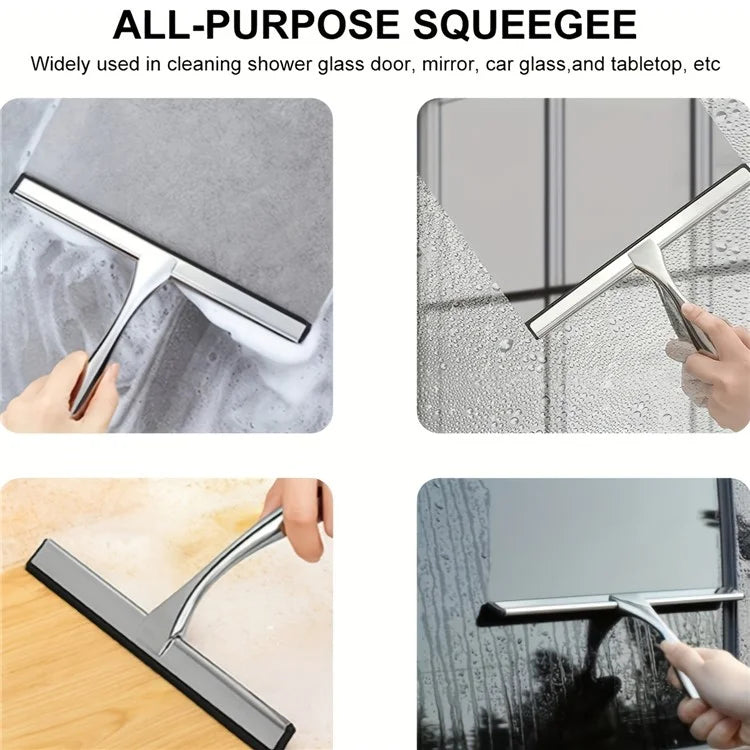 Stainless Steel Bathroom Glass Water Scraper Home Window Wiper Squeegee with Adhesive Hang Rack