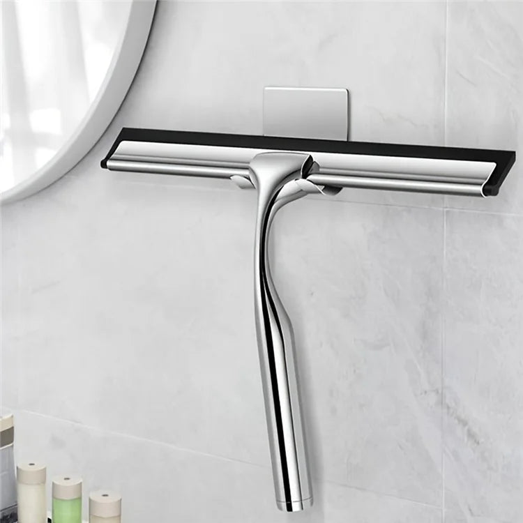 Stainless Steel Bathroom Glass Water Scraper Home Window Wiper Squeegee with Adhesive Hang Rack