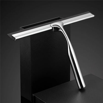 Stainless Steel Bathroom Glass Water Scraper Home Window Wiper Squeegee with Adhesive Hang Rack