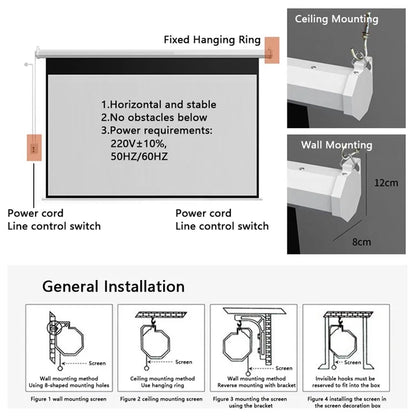 Auto Lifting 60-inch 4:3 RC HD Projection Screen Wall Mounted 3.6 Gain Metal Projection Screen for Home Theater, 220V EU Plug