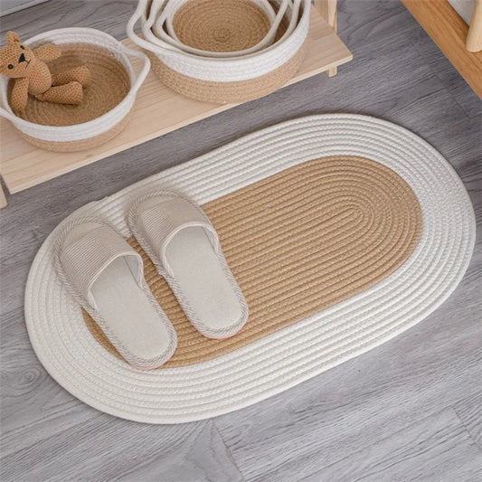 Oval Braided Woven Carpet Cotton Rope Floor Mat Doormat Home Decor for Entryway Bathroom Bedside+White
