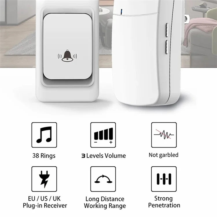 WHM07 Wireless Electronic Remote Digital Doorbell Set Receiver + Transmitter Home Door Bell, EU Plug