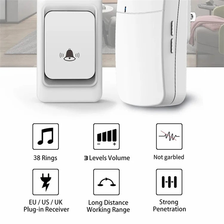 WHM07 Wireless Doorbell Set Receiver + Transmitter Electronic Remote Door Bell, US Plug