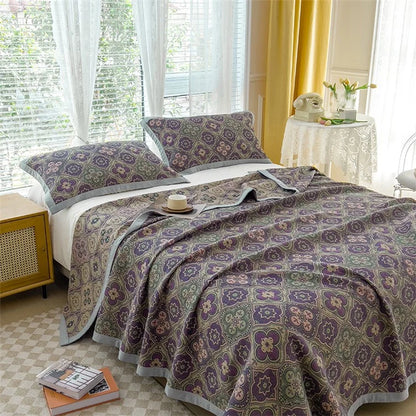 K-80 150x200±2cm Retro Printed Throw Blanket Cotton Towel Quilt with 2 Pillowcases