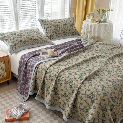 K-80 150x200±2cm Retro Printed Throw Blanket Cotton Towel Quilt with 2 Pillowcases