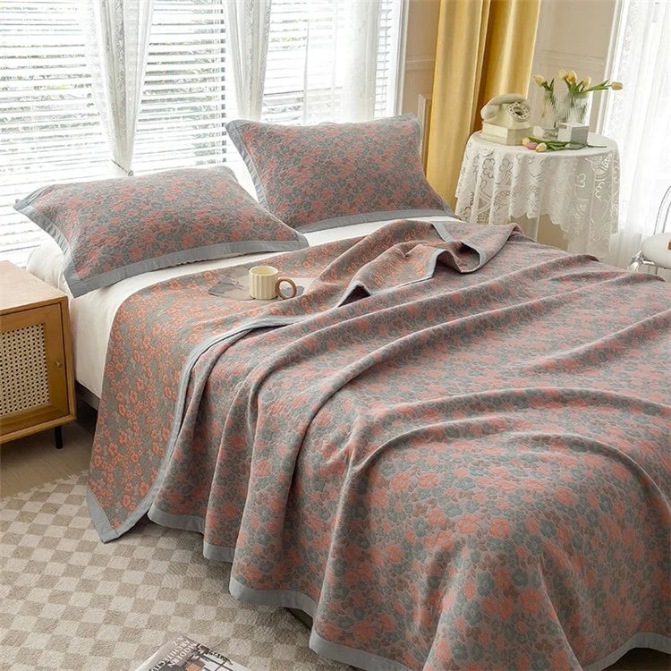 K-80 150x200±2cm Retro Printed Throw Blanket Cotton Towel Quilt with 2 Pillowcases