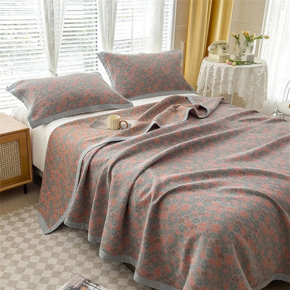 K-80 150x200±2cm Retro Printed Throw Blanket Cotton Towel Quilt with 2 Pillowcases