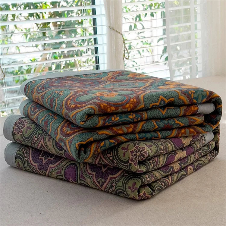 K-80 150x200±2cm Retro Printed Throw Blanket Cotton Towel Quilt with 2 Pillowcases
