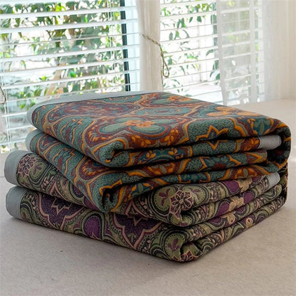 K-80 150x200±2cm Retro Printed Throw Blanket Cotton Towel Quilt with 2 Pillowcases