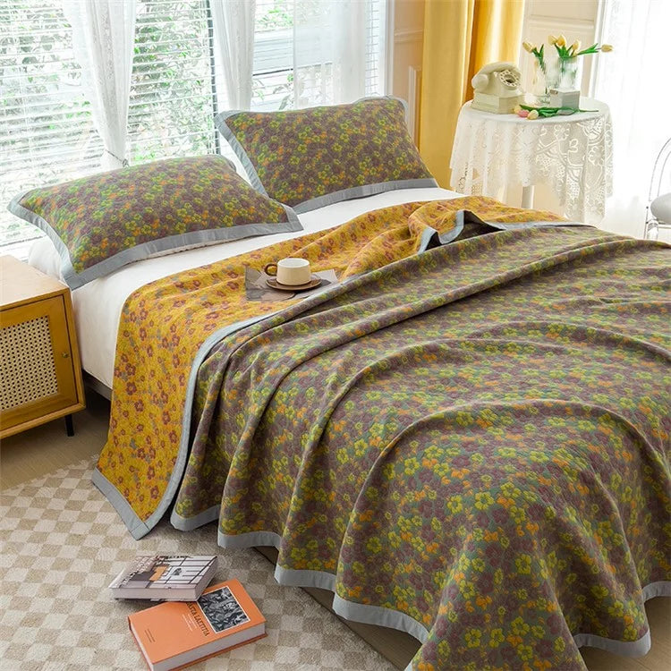 K-80 150x200±2cm Retro Printed Throw Blanket Cotton Towel Quilt with 2 Pillowcases