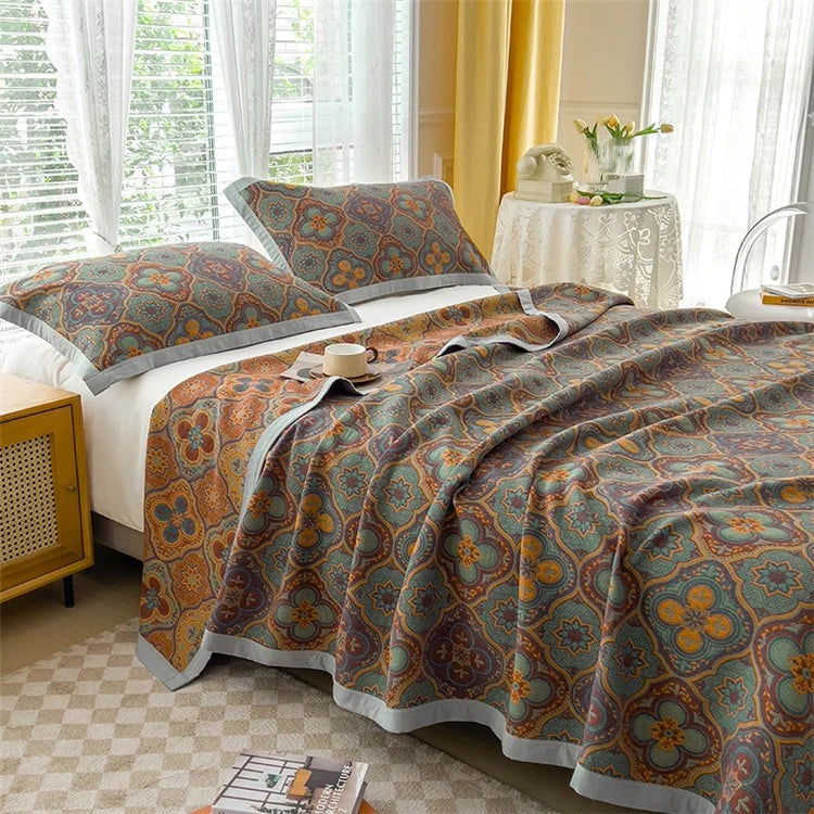 K-80 150x200±2cm Retro Printed Throw Blanket Cotton Towel Quilt with 2 Pillowcases