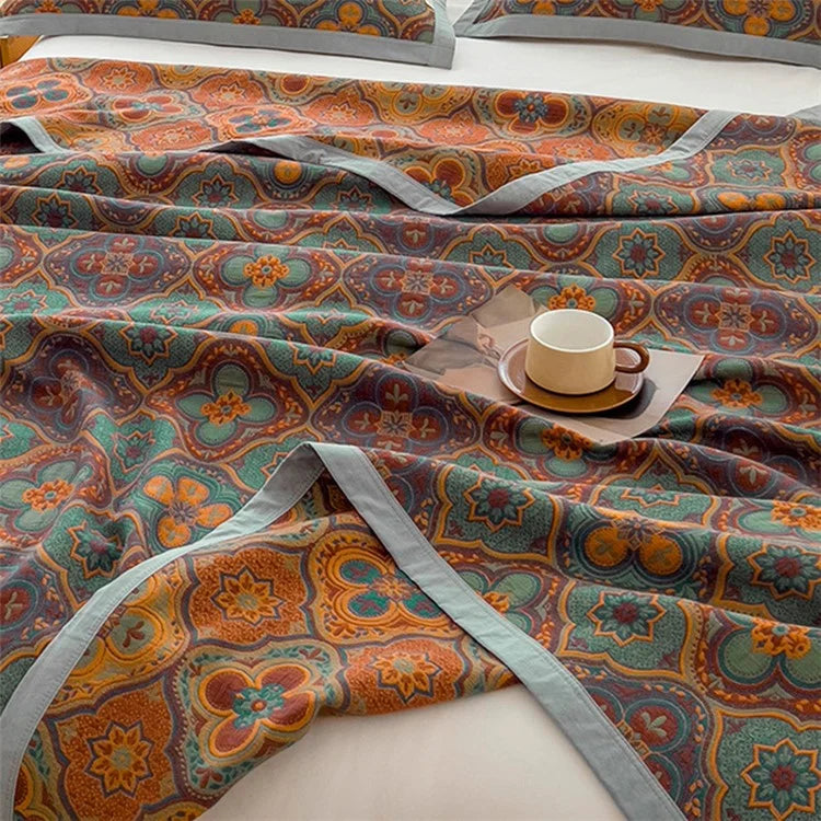 K-80 150x200±2cm Retro Printed Throw Blanket Cotton Towel Quilt with 2 Pillowcases