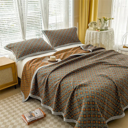 K-80 150x200±2cm Retro Printed Throw Blanket Cotton Towel Quilt with 2 Pillowcases