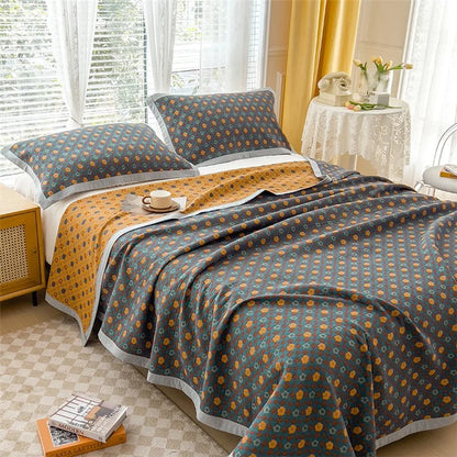 K-80 150x200±2cm Retro Printed Throw Blanket Cotton Towel Quilt with 2 Pillowcases
