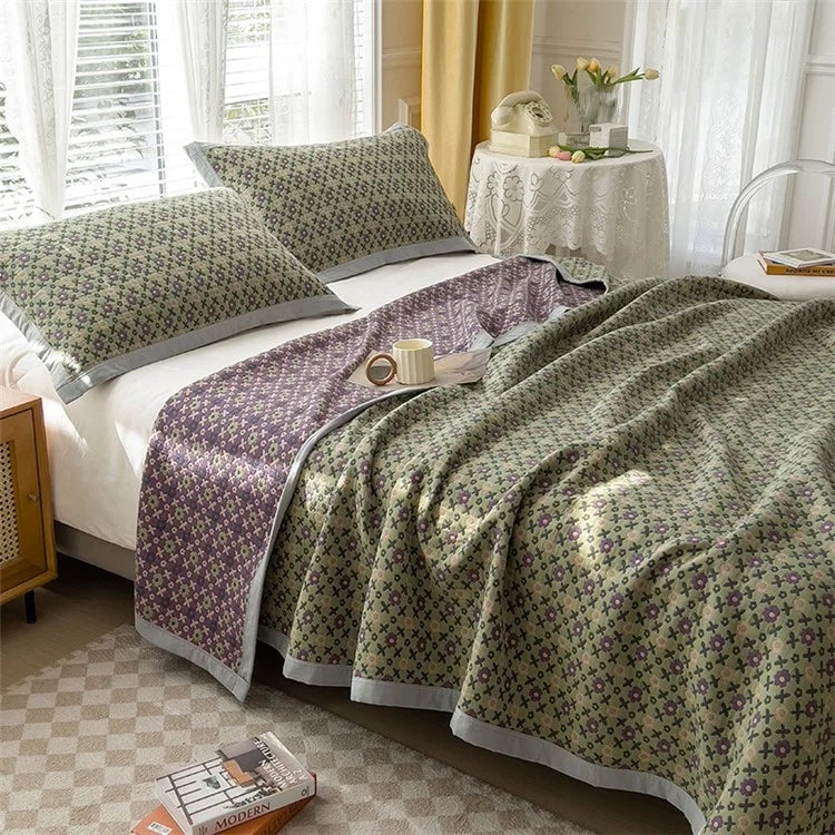 K-80 150x200±2cm Retro Printed Throw Blanket Cotton Towel Quilt with 2 Pillowcases