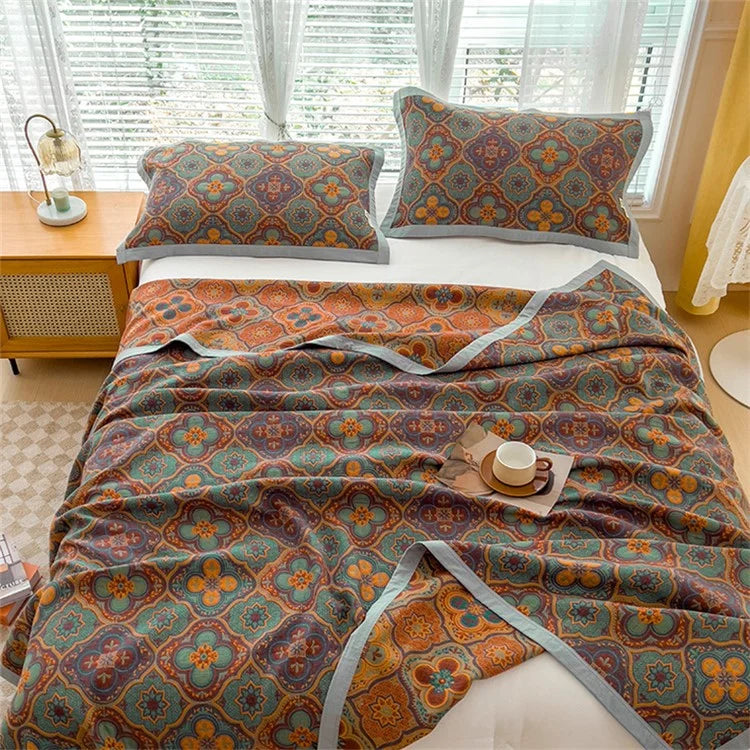 K-80 150x200±2cm Retro Printed Throw Blanket Cotton Towel Quilt with 2 Pillowcases