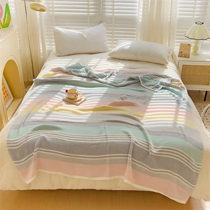 150x200cm Multi-layer Yarn Jacquard Mesh Towel Quilt Summer Thin Quilt Blanket- Colorful Stripe / Pink