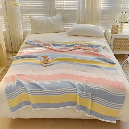 150x200cm Multi-layer Yarn Jacquard Mesh Towel Quilt Summer Thin Quilt Blanket- Colorful Stripe / Blue