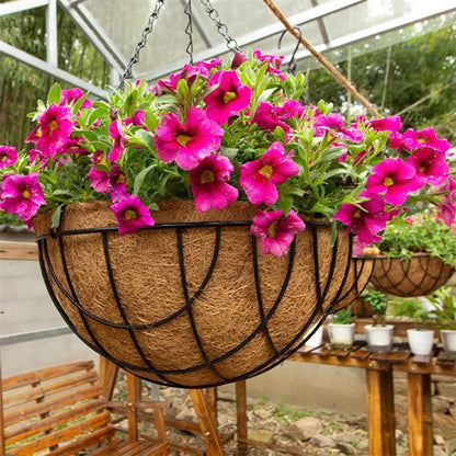 001-YZ01 16-inch Hanging Plant Pot Holder Metal Planter Basket with Coir Liner (Semi-circular Mesh Shape)