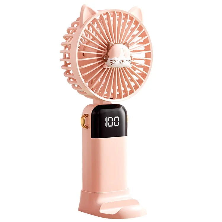 Cartoon Cat Summer Mini Handheld Fan Digital Display Folding Desk Fan with Lanyard