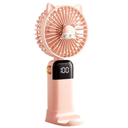 Cartoon Cat Summer Mini Handheld Fan Digital Display Folding Desk Fan with Lanyard