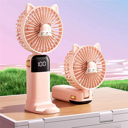 Cartoon Cat Summer Mini Handheld Fan Digital Display Folding Desk Fan with Lanyard