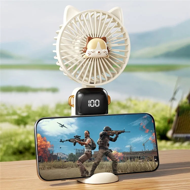Cartoon Cat Summer Mini Handheld Fan Digital Display Folding Desk Fan with Lanyard