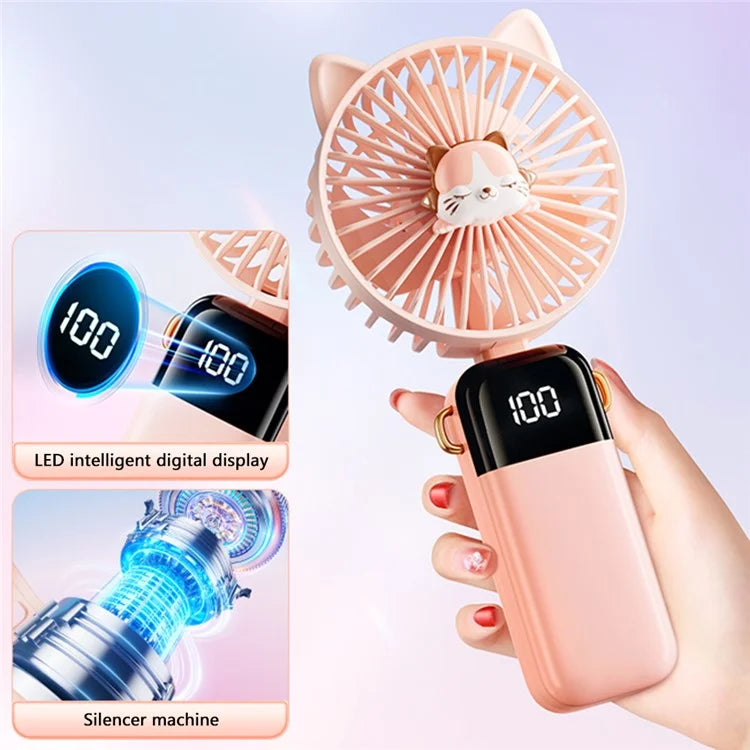 Cartoon Cat Summer Mini Handheld Fan Digital Display Folding Desk Fan with Lanyard
