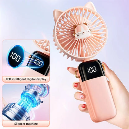 Cartoon Cat Summer Mini Handheld Fan Digital Display Folding Desk Fan with Lanyard