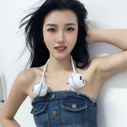 C16 Foldable Rechargeable Hanging Neck Fan Cute Panda Student Kids Fan Cooler+White Neckband